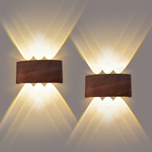 JaneYi LED Wandleuchte Up Down 2 Stück 6W Warmweiß 3000K Moderne Aluminium Wandlampe Holzoptik IP65 Wasserdicht Wandstrahler Innen Außen Indirekte Wand Beleuchtung für Schlafzimmer Balkon Flur