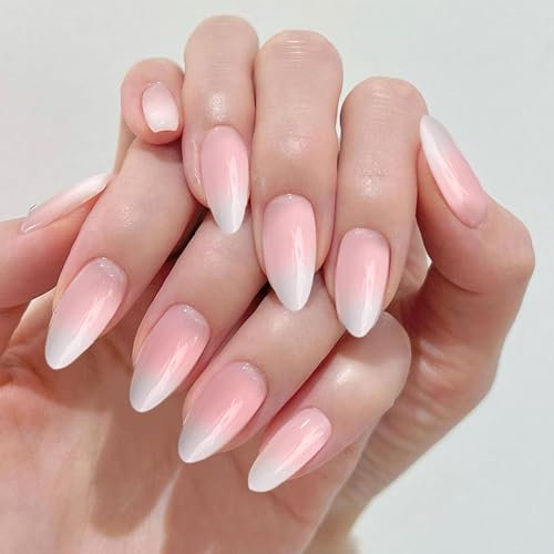 GOZINA 24 Faux Ongles Court, Rose Clair Faux Ongles Autocollants, French Ongles a Coller, Ongle Autocollant Reutilisable Convient Pour Les Femmes et Les Filles (Amande rose clair, Moyen)