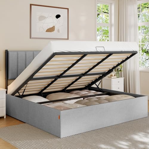 VASAGLE Lift Up Storage Bed Frame King Size, Hydraulic Platform Bed, with Upholstered Headboard, 1100 lb Weight Capacity, No Box Spring Needed, Easy Assembly, Modern, Dove Gray URMB604G01V1