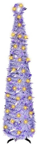 Ruaizel Árbol de Navidad plegable de 5 pies, árbol de Navidad desplegable con luces para decoración de Navidad, decoración de fiesta de oficina en casa, exhibición interior y exterior (morado)