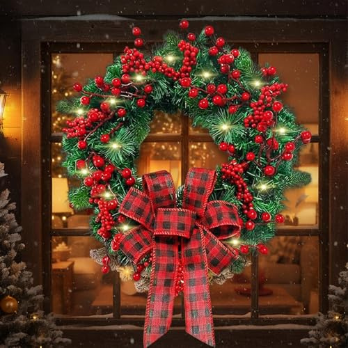 powerking Christmas Wreath for Front Door,40CM Large Lighted Outdoor Lush Pine Needle Wreath with Red Berries and Bow，Xmas Wreath for Home Porch Fireplace Window Holiday Wall Decor