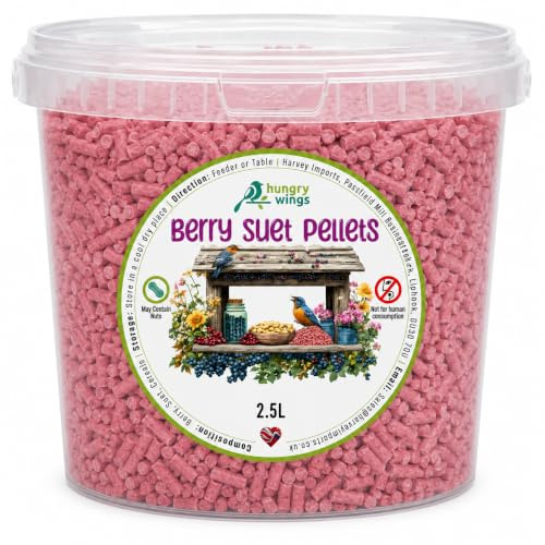 Hungry Wings Premium Suet Pellets Wild Bird Food – 2.5L Tub – High Energy Berry, Insect, Mealworm & Mixed Flavours (2.5L Tub, Berry) | High Energy, Insect Flavor Available, Mealworm Flavor Available, Mixed Flavours Available