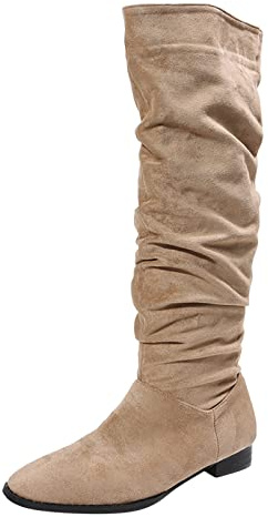 2026 Damen Schneestiefel, modisch, einfarbig, beflockt, knittert, spitz, flach, lässig, lang, khaki, 37.5 EU