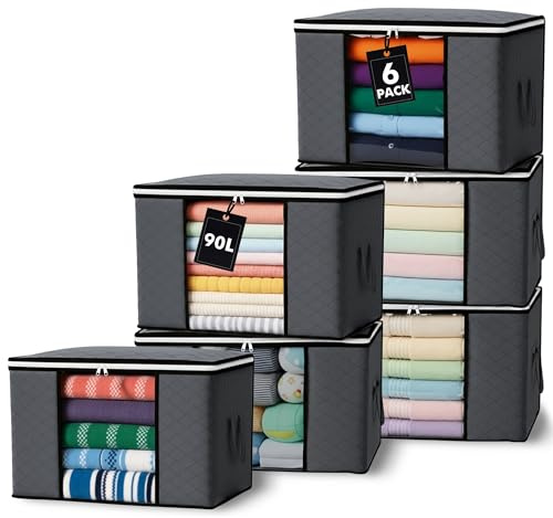 90L Storage Bags, 6Pack Large Capacity Clothes Storage Bags with Zips | Foldable Clothing Storage Boxes with Lids & Reinforced Handles Breathable Thick Fabric for Comforters, Blankets, Bedding