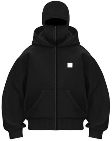 Generisch Balaclava Hoodie Herren Damen Ninja Kapuzenpullover mit Sturmhaube Oversized Mask Jacke mit 1/4 Zip Doppel Kapuze Einfarbig Y2K Hoodie mit Fleece Winddichte Übergangsjacke Motor Fahrrad
