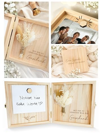 Joli Coon Abschiedsgeschenk Kollegen, Holzbox mit Karte, 14 x 14 x 3 cm | Echte Trockenblumen, Magnet für Foto oder Karte, aufstellbares Erinnerungsbox