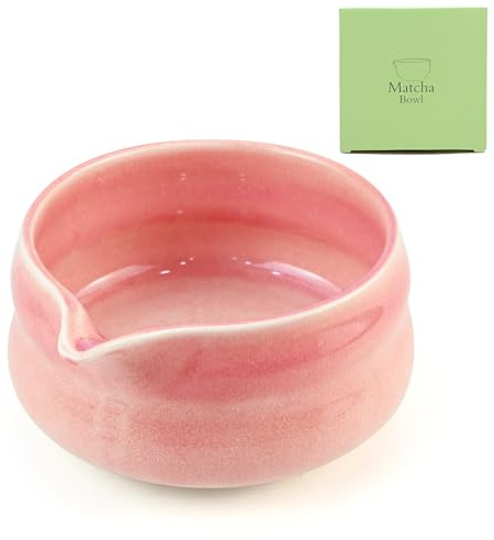 Matcha Schale aus Keramik mit Ausgießer, Japanische Matcha-Tee-Rührschüssel mit Geschenkbox, Handgefertigt Aquarell, Teeschale für Teezeremonien und Matcha-Zubereitung für Büro, Teestube, Rosa
