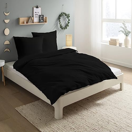 Carpe Sonno Biber Bettwäsche 200 x 200 cm Baumwolle - 3tlg Bettwäsche Winter - Set aus Deckenbezug mit Reißverschluss + Kissenbezug - Flauschige Winter Bettwäsche Flanell - Schwarz