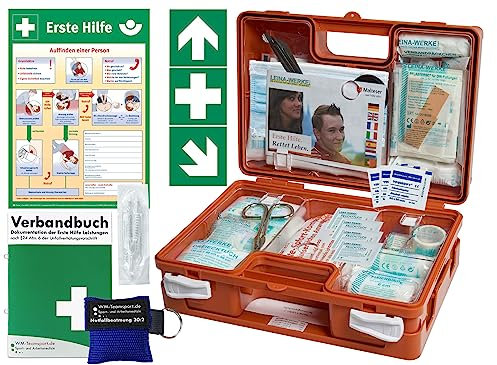 Erste-Hilfe-Koffer Quick -Komplettpaket- mit Notfallbeatmungshilfe für Betriebe - aktuelle DIN/EN 13157 + DIN 13164 - inkl. 1.Hilfe Aufkleber & Aushang