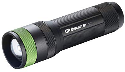 GP LED Flashlight Adjustable Focus Super Bright 300 Lumens Pocket Torch Zoomable Waterproof Camping Outdoor Torch with SOS Function - Black, Aluminium, 3 AAA Batteries Included