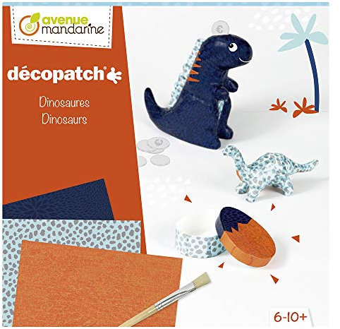 Avenue Mandarine - Ref KC114C - Décopatch Creative Box - Dino Piggy Bank, Dinosaur & Egg Box to Customize - Includes Maché Objects, 3 x Décopatch sheets, 1 x Brush and Glues - Suitable for Ages 6-10+