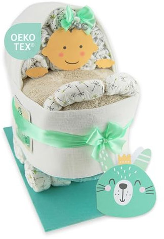 Windeltorte ® Windeltorte Kinderwagen | Windelkinderwagen für Jungen und Mädchen - LILLYDOO Windeln | Geschenk zur Geburt | Taufgeschenk | Geschenk zur Babyparty – Windelgeschenk (Neutral/Grün)