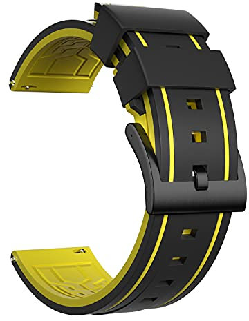 ULLCHRO Uhrenarmband Ersatzarmband Gummi Armbanduhr Wasserfest Bicolor 20 22 24 26 mm Kautschuk Uhrenband mit Gebürstete Edelstahl Wölbung 22mm Gelb Schwarz