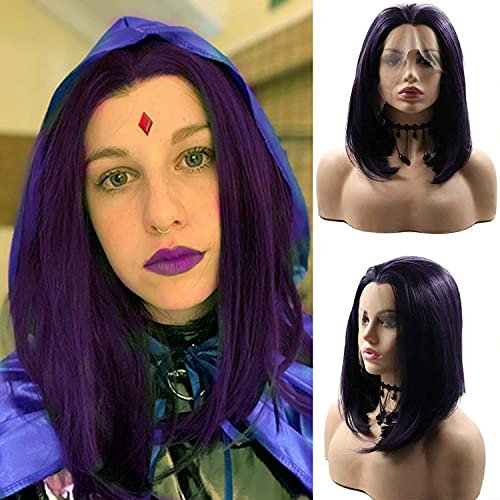 Kurze Bob Lace-Front-Perücke mit Baby-Haar-Mischung, lila, schulterlang, natürlicher Haaransatz, klebstofffrei, synthetisch, seidig, glatt, Perücke für schwarze Frauen, hitzebeständige Faser, Cosplay