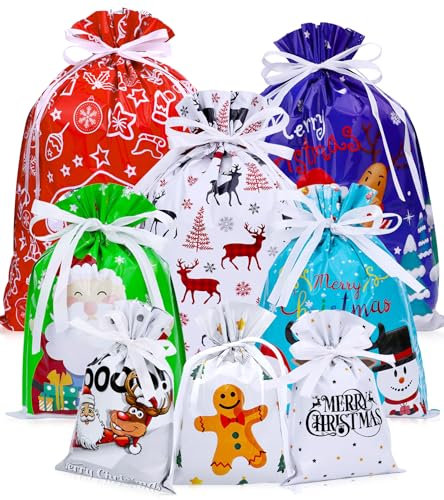 Geschenktüten Weihnachten, Geschenkverpackung Weihnachtstüten, 30 Stück Geschenkbeutel mit Kordelzug, Geschenk Taschen für Verpackung Geschenk Süßigkeiten und Weihnachts Party Dekoration