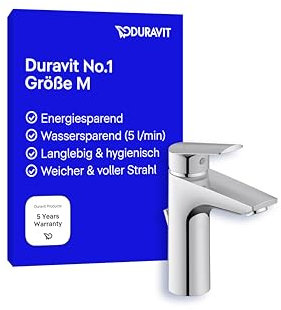 Duravit No.1 Waschtischarmatur, Größe M (Auslauf Höhe 117 mm), Wasserhahn Bad mit Zugstangen-Ablaufgarnitur, Waschbecken Armatur mit energiesparender FreshStart-Funktion, Chrom