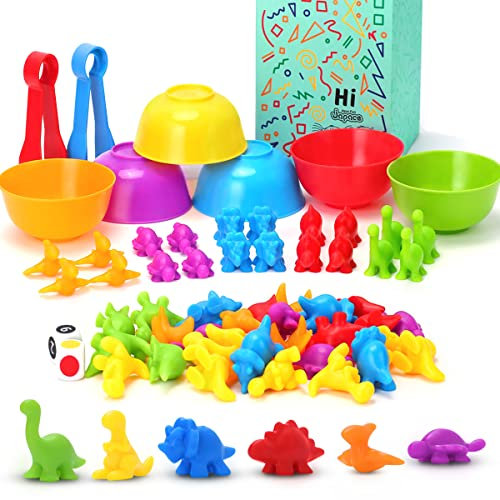 Japace Montessori Toys 58 Pieces Age 3+, Rainbow Counting Dinosaurs with Color Matching Sorting Cups, Dices and Tweezers, Math Skills Game Educational Sorting Toys & Gifts for 2 3 4 Toddlers