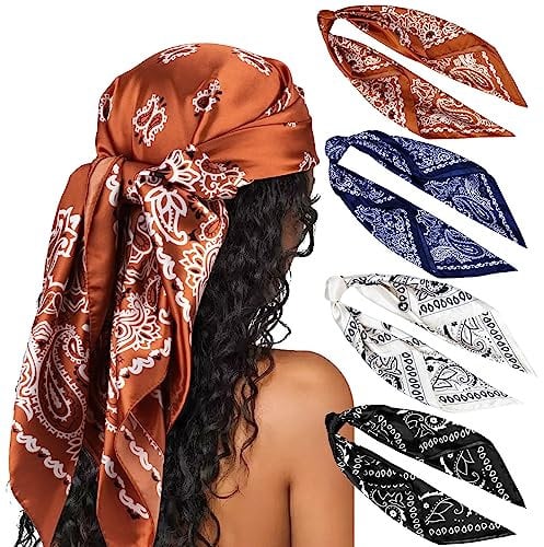 DRESHOW 90x90cm Große Quadratische Schals für Damen 4 Stück Seide Kopftuch Bandanas Haartuch Halstuch Haarschmuck