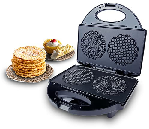 FineMade Pizzelle antiadhésive, presse à biscuits électrique avec motif flocons de neige, pour deux biscuits italiens traditionnels (10,2 cm) à la fois, recette incluse