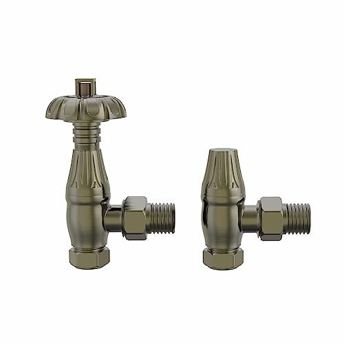 NRG Traditional Antique Angled Central Heating Radiator Valve 15mm Thermostatic Lockshield Valves Polished Antique Brass