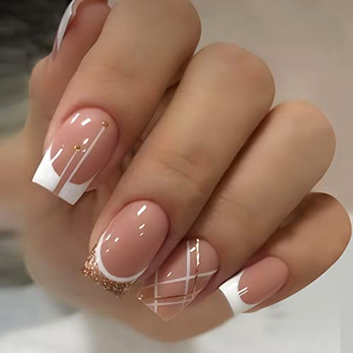 24 Stück Eckig Nägel Zum Aufkleben Kurz, Gold Glitzer French Künstliche Nägel, Ballerina Natural Kunstnägel Press on Nails mit Design, Square Fingernägel Fake Nails für Frauen und Mädchen Heimat DIY