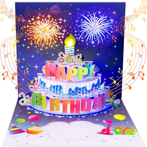 INPHER UPGRADED Blowable Birthday Cards 3D Pop Up Fireworks Cake Light and Music Happy Birthday Card Gifts for Women Men Mom Kids