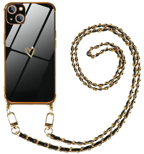 Pnakqil Coque pour Apple iPhone 7 Plus/8 Plus 5.5 avec Cordon, Case avec Chaîne Métallique-Housse, TPU Silicone Motif Coeur d'amour Mignon Étui Bumper Protection de Collier Lanyard Cases, Noir