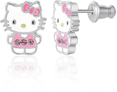 Sanrio Hello Kitty Womens Stud Earrings Officially Licensed - Silver-Plated Hello Kitty Earrings with Rose Pink Crystals