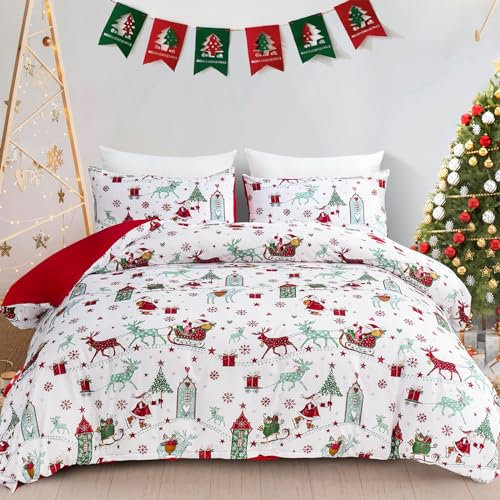 WONGS BEDDING Weihnachts Bettwäsche 135x200 Weihnachtsmann Bettbezug Schneeflocken Bettwäsche-Weihnachtsbäume und Rentier bettwäsche mit Reißverschluss und 1 Kissenbezug 50x75