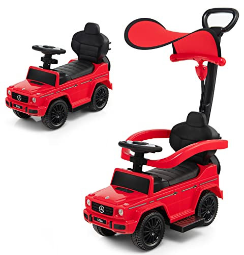 COSTWAY 3 in 1 Ride on Push Car, Licensed Mercedes Benz Foot to Floor Slider with Removable Push Handle & Guardrail, Adjustable Canopy, Horn Sound and Under Seat Storage (Red)