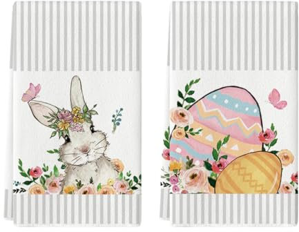 Artoid Mode Streifen Ostereier Blumen Bunny Kaninchen Ostern Küchentücher Geschirrtücher, 42x65 cm Frühling Dekoration Handtücher 2er Set
