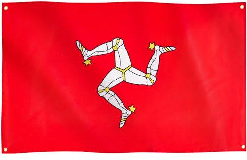 Runesol Bandera de Isla de Man, 91x152cm, 3ft x 5ft, 4 Ojales, Ojal en Cada Esquina, Bandera de Manx Triskelion, Mann, Banderas Premium, Interior, Exterior, Colores Vivos