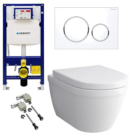 Alpenberger Hänge WC Komplettset | Wand WC mit Bidet Funktion | Spülrandloses WC | Toilettendeckel D Form | Kloschüssel mit WC Spülkasten Bausatz Betätigungsplatte | Passend Geberit (8201U)