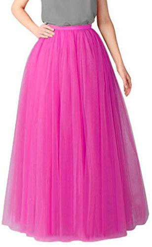 Jupe longue plissée - Avec ourlet long - Pour demoiselle d'honneur, mariage, fête, danse, soirée - Tulle - Couleur unie, Rose chaud, taille unique