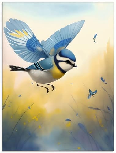ARTland Wanddeko Glasbilder Wandbild Glas Bild 45x60 cm Tiere Vogel Blaumeise Flug Meise Blau Farben U5ER