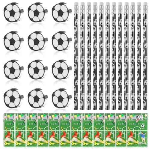Trukafie Set di Cancelleria a Tema Calcio, 12 Pezzi Matite da Calcio con Gomma con Flipper Gadget per Cancelleria Scolastica Bomboniere per Feste di Compleanno