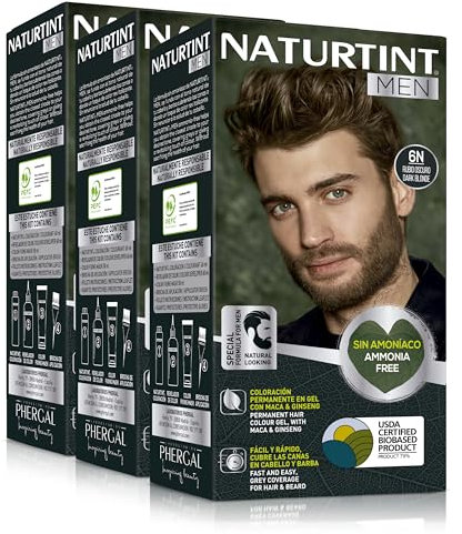 Naturtint Men | Coloración Permanente Sin Amoniaco Especial Hombres | 100% Cobertura de Canas | Color Natural y Duradero | Ingredientes Naturales | 6N Rubio Oscuro | Pack de 3