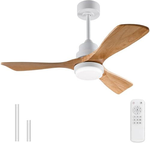 BOJUE - Ventilador de Techo de 106 cm con Luz LED Regulable y Control Remoto, Aspas de Madera para Interior/Exterior, 3 Aspas, 6 Velocidades Silenciosas, para Sala, Dormitorio, Patio y Oficina