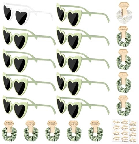YAOZUP Jga Accessoires Frauen, 22 Stück JGA Deko Accessoires, 10 Herz Sonnenbrille+10 Bride Haargumm, Bride to Be Herz Brille Set, Jungesellinnenabschied Frau Accessoires für JGA Party Hochzeit (Grün)