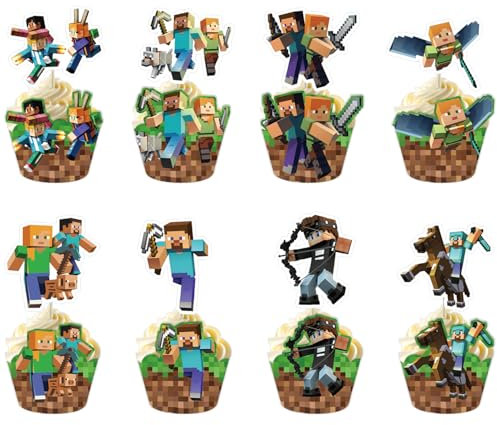 UdacA 48 Stück Videospiel Topper Cupcake Deko, Gaming Dekoratio Cupcake Wrapper für Tortendeko, Tortendeko für Kuchendekoration, Muffin Deko, Kinder Geburtstag Party