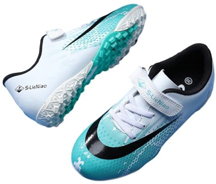 Mateju TF Botas de Fútbol para Niños Adolescentes, Zapatos de Fútbol Antideslizante Negro, Rosa, Verde Zapatillas Deportivas Gancho y Lazo Transpirable Zapatillas de Fútbol