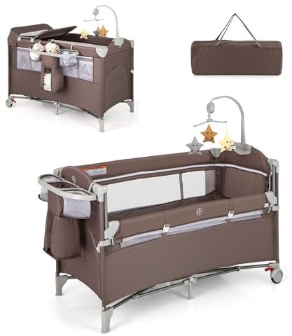 DREAMADE 4 in 1 Reisebett mit Matratze, 120 x 60cm Beistellbett Baby mit Rollen, Babybett Klappbar als Wickeltisch & Laufgitter, Kinderreisebett Baby ab Geburt (Braun)