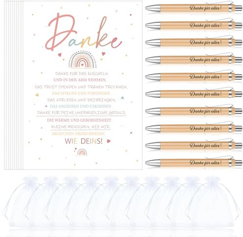 Tenare 10 Set Dankeschön Geschenke für Lehrerin inklusive 10 Dankeskarte 10 Danke für Alles Kugelschreiber 10 Organzasäckchen Abschiedskarten Holz Kugelschreiber mit Gravur Geschenkidee für Erzieher
