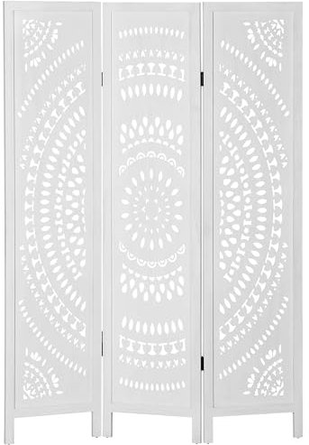 HOMCOM Paravento da Interno a 3 Pannelli, Separé Divisorio Interno Pieghevole in Legno Intagliato per Casa e Ufficio, 120x170cm, Bianco