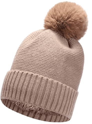 FASHION 7STAR Beanie-Mütze für Erwachsene, legere Kleidung, Pelzfutter, mehrlagig, Blasen-Strickmütze, Accessoire, Unisex, für den täglichen Gebrauch, Winter, weiche Strickmütze mit Bommel, Beige, 12