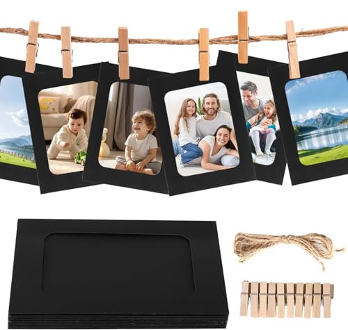 ONEVER 40 Stück Papier-Bilderrahmen Schwarz Papier Foto Flim DIY Wandbild Hängende Rahmen Album 10 X 15 cm Papier-Bilderrahmen Mit Holzklammern Hanfseil kleine klammern für Fotos aufhängen