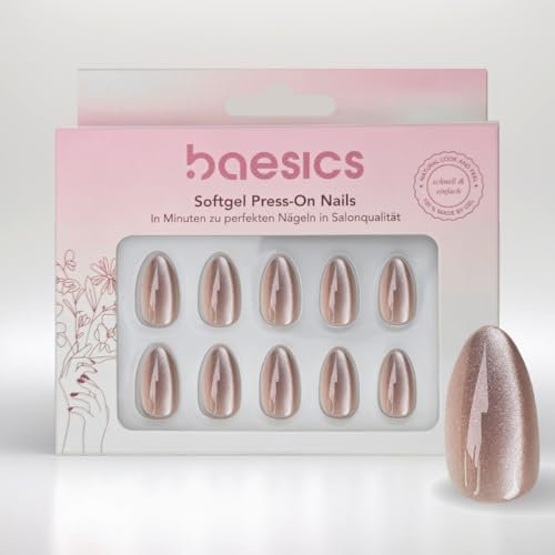 Baesics Softgel Press On Nails Almond Rosa Cat Eye Flexibel Wiederverwendbar Natürliche Optik 30 Stück Klebepads Perfekte Nägel zum Aufkleben ohne UV-Licht Salonqualität Komfort Zuhause Unterwegs