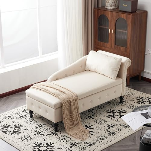 Merax Chaiselongue mit Stauraum 144L x 62B x 69H cm, Bequemer Sessel mit Schlaffunktion, Relaxliege mit Kissen für Wohnzimmer, Schlafzimmer und Balkon, Beige