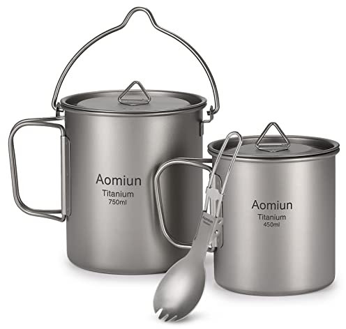 Lightweight Titanium 3 Pieces Set Titanium 750ml Pot 450ml Water Cup Mug with Lid Collapsible Handle Folding Spork for Camping Hiking Backpacking