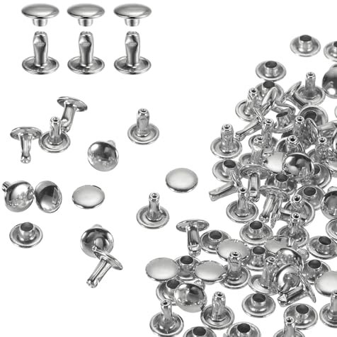 QUARKZMAN 60 Ensembles de Rivets en Cuir à Double Tête, 8X8mm Rivets Ronds Tubulaires Métal pour la Fabrication de Cuir pour Ceinture en Tissu, Réparation Et Décoration de Sacs, Argenté